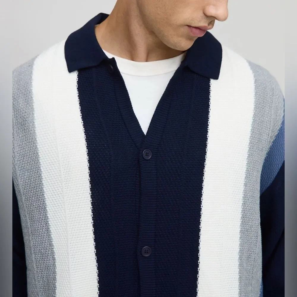 BoohooMAN Oversized Boxy Colour Block Knitted LS Shirt Navy XL NWT IN PKG